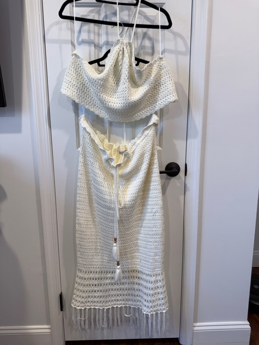 Fashion Nova Cream Crochet Fringe Maxi Skirt and Strappy Tie Top